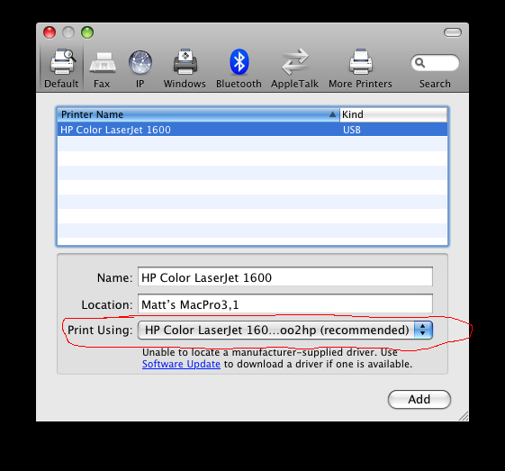 Mac OS X HP Color LaserJet 1600 driver screen