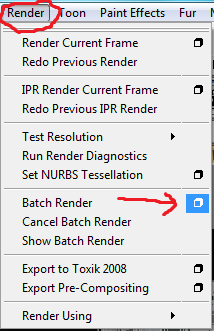 Next, find the menu in the top menu bar called "Render". Click it, and then click the little option box beside "Batch Render" (look where the arrow is pointing)