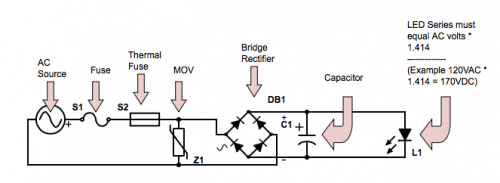 Bridge rectifier, capacitors, fuses, LEDs