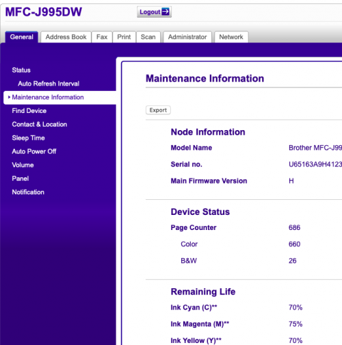 Brother MFC-J995DW web based options page