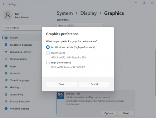 Choosing a video card in the Windows Settings app